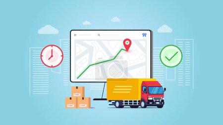 Order package in E commerce. Delivery package by truck. Tracking courier by map web application. Vector illustration with blue background