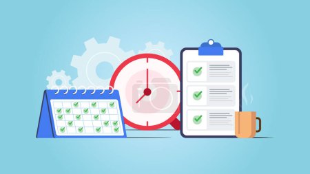 Illustration for Time Scheduling vector illustration with calendar, clock and to do list element. Vector illustration with setting icon and blue background. - Royalty Free Image