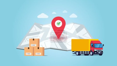 Delivery package by truck. Order package in E commerce. Tracking courier by map application. Vector illustration with blue background.