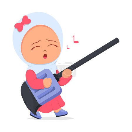 Illustration for Cute girl playing virtual guitar with broom and singing - Royalty Free Image