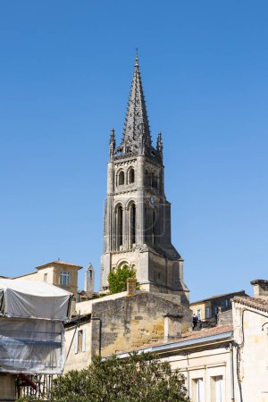 Bell tower of the monolithic Church of Saint-Emilion overlooking the town