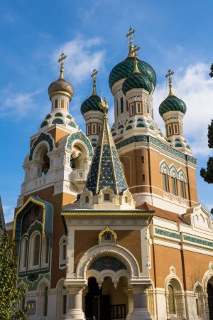 Facade of the Russian Orthodox Cathedral of Saint-Nicolas in Nice from Avenue Nicolas II