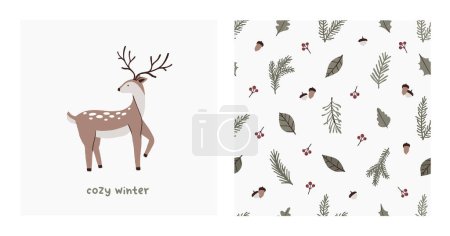 Illustration for Cute cozy winter animal deer and floral seamless pattern. Scandinavian forest woodland, botanical leaves, branches, acorns. Vector illustration in hand drawn flat style - Royalty Free Image