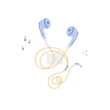 Ilustración de Ilustración de auriculares con cable. Lindo auricular kawaii dispositivo de música por cable de audio portátil. Auriculares de sonido - Imagen libre de derechos