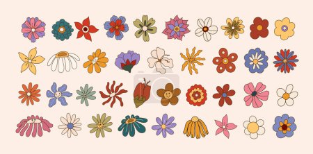 Ilustración de Set de flores retro groovy margarita con sonrisas felices. Hippie 60s, 70s, 80s estilo botánico floral. Ilustración vectorial en caricatura trippy estilo dibujado a mano - Imagen libre de derechos
