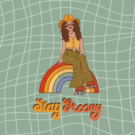 Illustration for Retro groovy typography slogan quote - stay groovy print with hippie girl sitting on rainbow on striped background. Trendy 60s 70s psychedelic lettering design for card, poster, t-shirt vector - Royalty Free Image
