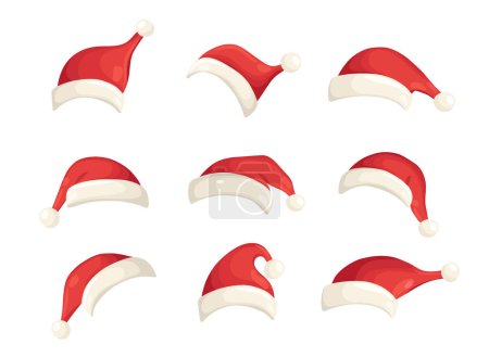 Ilustración de Conjunto de sombreros rojos de Navidad Santa Claus con piel aislada sobre fondo blanco. Navidad tapa roja vector de vacaciones ilustración en estilo plano de dibujos animados - Imagen libre de derechos