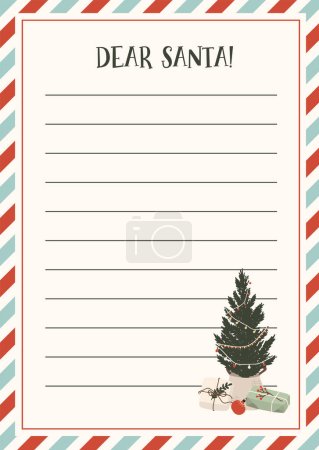 Letter to Santa Claus template for kids. Christmas wishlist for children. Dear Santa printable holiday paper letter background. Christmas vector illustration in flat hand drawn doodle style