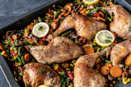 Photo for Roasted chicken legs with mixed vegetables on a baking tray - Royalty Free Image