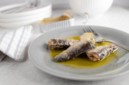 Sardinas enlatadas en aceite de oliva en un plato. Aperitivo saludable de omega 3 y proteínas