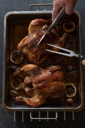 Téléchargez les photos : Sculpter un poulet entier avec des cisailles à volaille - en image libre de droit