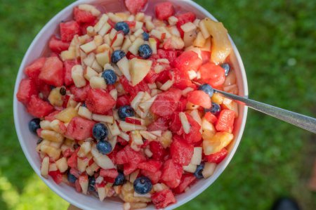 Photo for Watermelon salad ... delicious fruit salad with melon, bananas, apples, kiwis and blueberries in a bowl outdoors in the garden ... Healthy summer food - Royalty Free Image