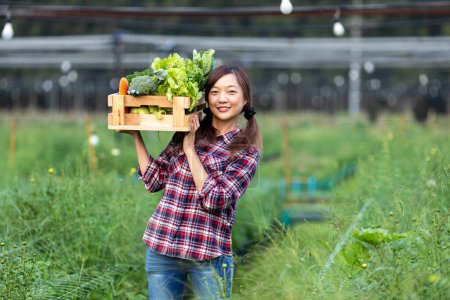 Téléchargez les photos : Femme agricultrice asiatique porte le plateau en bois plein de légumes biologiques fraîchement cueillis dans son jardin pour la saison des récoltes et une alimentation saine - en image libre de droit