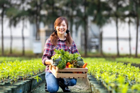 Téléchargez les photos : Femme agricultrice asiatique porte le plateau en bois plein de légumes biologiques fraîchement cueillis dans son jardin pour la saison des récoltes et une alimentation saine - en image libre de droit