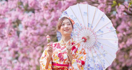 Japanerin in traditionellem Kimono-Kleid mit Regenschirm und süßem Hanami Dango-Dessert beim Spaziergang im Park am Kirschblütenbaum während des Frühlingssakura-Festivals mit Kopierraum