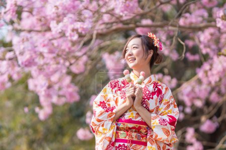 Japanerin in traditionellem Kimono-Kleid mit süßem Hanami Dango-Dessert beim Spaziergang im Park am Kirschblütenbaum während des Frühlingssakura-Festivals