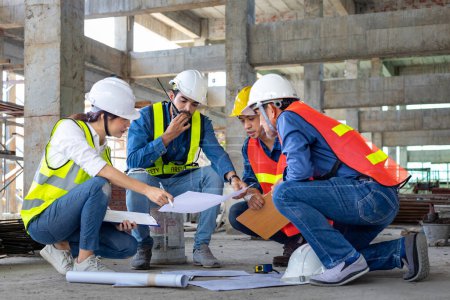 Team of engineer, architect, contractor and foreman meeting and consulting at construction building site with floor plan for real estate development project industry and housing timeline usage