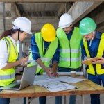 Team of engineer, architect, contractor and foreman meeting and consulting at construction building site with floor plan for real estate development project industry and housing timeline