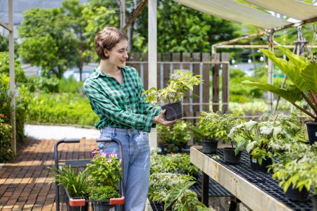 Photo for Young caucasian customer is choosing exotic plant from the local garden center nursery with shopping cart full of summer plant for weekend gardening and outdoor - Royalty Free Image