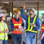 Team of engineer, architect, contractor and foreman meeting and consulting in construction building site for inspection in real estate development project industry and specification quality control