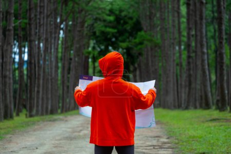 Photo for Traveller is looking at the map for direction while exploring wildlife in the pine forest for surveying and discovering the rare biological diversity and ecologist on the field study and outdoor pursuit - Royalty Free Image