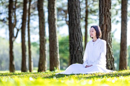 Téléchargez les photos : Femme pratiquant la méditation relaxante dans la forêt de pins pour atteindre le bonheur de la paix intérieure sagesse avec la lumière du matin pour un esprit sain et l'utilisation de l'âme - en image libre de droit