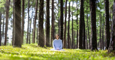 Téléchargez les photos : Femme pratiquant la méditation relaxante dans la forêt de pins pour atteindre le bonheur de la paix intérieure sagesse avec rayon de lumière du soleil pour un esprit et une âme sains pour un esprit et une âme sains - en image libre de droit