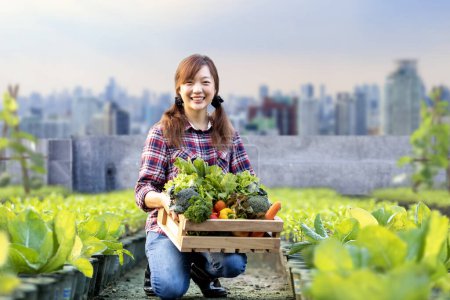 Photo for Asian woman farmer is carrying the wooden tray full of freshly pick organics vegetables in her garden for harvest season and healthy diet food - Royalty Free Image
