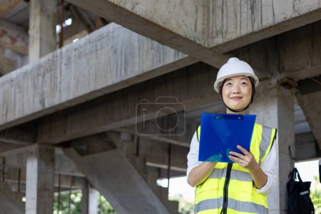 Asiatische Ingenieurin in voller Sicherheitsausrüstung inspiziert das Innere des Gebäudes, um die Spezifikation der Bauindustrie und die Qualitätskontrolle zu untersuchen