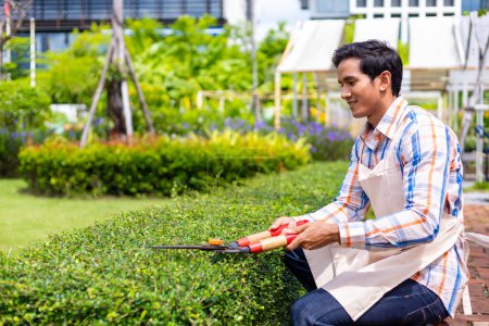 Photo for Asian gardener is giving service by trimming the bush hedge in summer while working in the common area of condominium or public park in city - Royalty Free Image