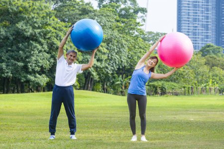 Foto de Hombre asiático mayor y su hija están haciendo ejercicio con la pelota de yoga en el parque público para construir el núcleo muscular del cuerpo para el ejercicio de longevidad mayor y el concepto de entrenamiento al aire libre - Imagen libre de derechos