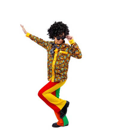 Photo for Asian hippie afro man dress in 80s vintage fashion with colorful retro funk disco clothing while dancing isolated on white background for fancy outfit party and pop culture - Royalty Free Image