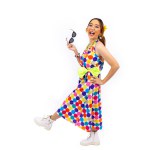 Asian hippie woman dress in 80s vintage dress fashion with colorful retro funk disco clothing while dancing isolated on white background for fancy outfit party and pop culture usage