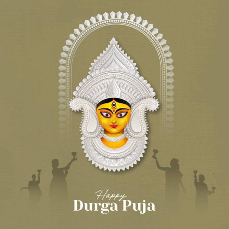 Diseño creativo de la bandera de Durga Puja feliz con el festival indio de la ilustración de la cara de Durga