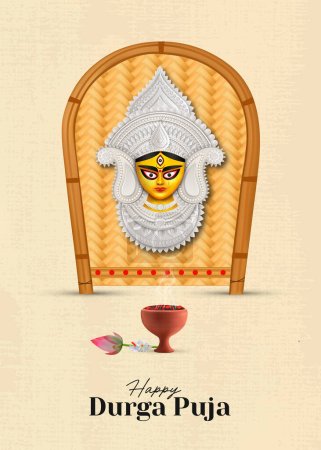 Diseño creativo de la bandera de Durga Puja feliz con el festival indio de la ilustración de la cara de Durga