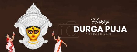 Ilustración de Cara de la diosa Maa Durga en Happy Durga Puja, Dussehra y Navratri Concepto de Celebración para Banner Web, Poster, Social Media Post y Flyer Advertising - Imagen libre de derechos
