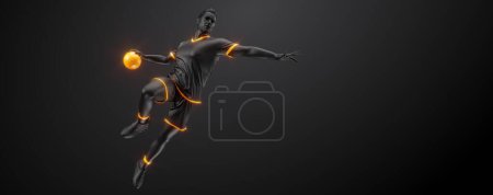 Abstract silhouette of a handball player on black background. Handball player man are throws the ball. illustration