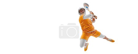 Photo for Realistic silhouette of a lacrosse player on white background. Lacrosse player man are throws the ball. - Royalty Free Image