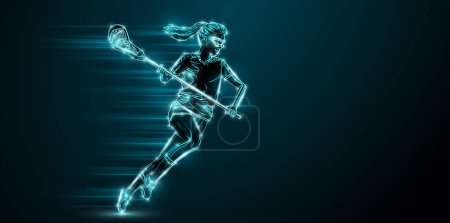 Photo for Abstract silhouette of a lacrosse player on black background. Lacrosse player woman are throws the ball. - Royalty Free Image