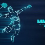 Abstract silhouette of a badminton player on blue background. The badminton player man hits the shuttlecock. Vector illustration
