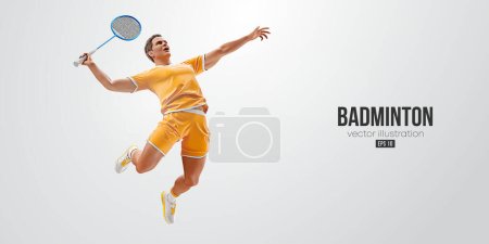 Illustration for Realistic silhouette of a badminton player on white background. The badminton player man hits the shuttlecock. Vector illustration - Royalty Free Image