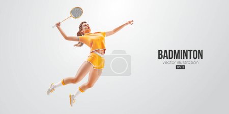 Realistische Silhouette eines Badmintonspielers auf weißem Hintergrund. Die Badmintonspielerin trifft den Federball. Vektorillustration