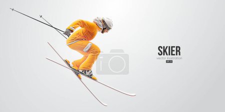 Silueta realista de un esquí sobre fondo blanco. El esquiador haciendo un truco. Ilustración Vector tallado