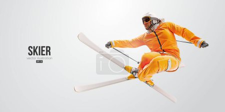 Silueta realista de un esquí sobre fondo blanco. El esquiador haciendo un truco. Ilustración Vector tallado