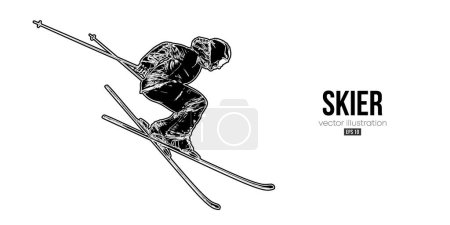 Abstract silhouette of a skiing on white background. The skier man doing a trick. Carving Vector illustration
