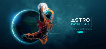 Illustration for Basketball player astronaut in space action and Earth, Moon planets on the background of the space. Vector - Royalty Free Image