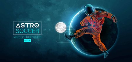 Illustration for Soccer football player astronaut in action and Earth, Moon planets on the background of the space. Vector illustration - Royalty Free Image