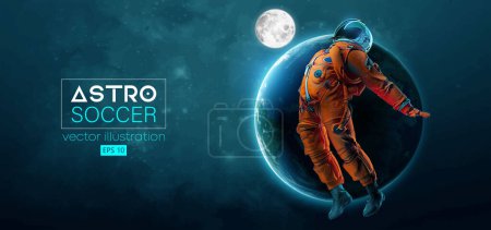 Soccer football player astronaut in action and Earth, Moon planets on the background of the space. Vector illustration
