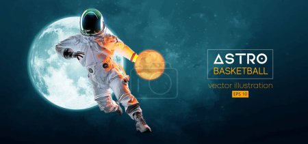 Illustration for Basketball player astronaut in space action and Moon, Mars planets on the background of the space. Vector - Royalty Free Image