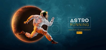 Abstrakte Silhouette eines Laufsportlers Astronaut im Weltraum Aktion und Erde, Mars, Planeten auf dem Hintergrund des Raums. Läufer laufen Sprint oder Marathon. Vektorillustration